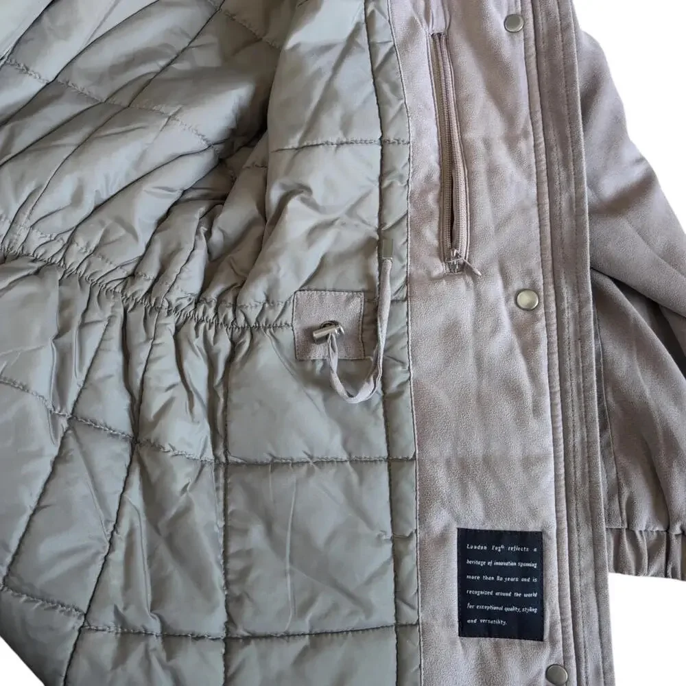London Fog Coat Womens PM Beige Microfiber‎ Zip Parka Drawstring Waist Insulated